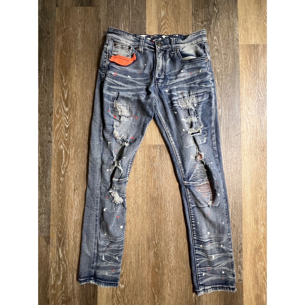 LR‎ Scoop Distressed Jeans Mens 32x30 Blue Good Paint Splatter Moto Ripped Denim